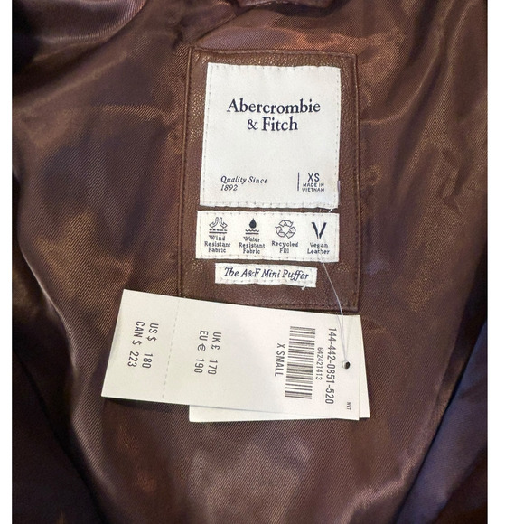 NWT Abercrombie & Fitch Chocolate Brown Faux Leather Mini Puffer Jacket Size XS - Picture 4 of 11